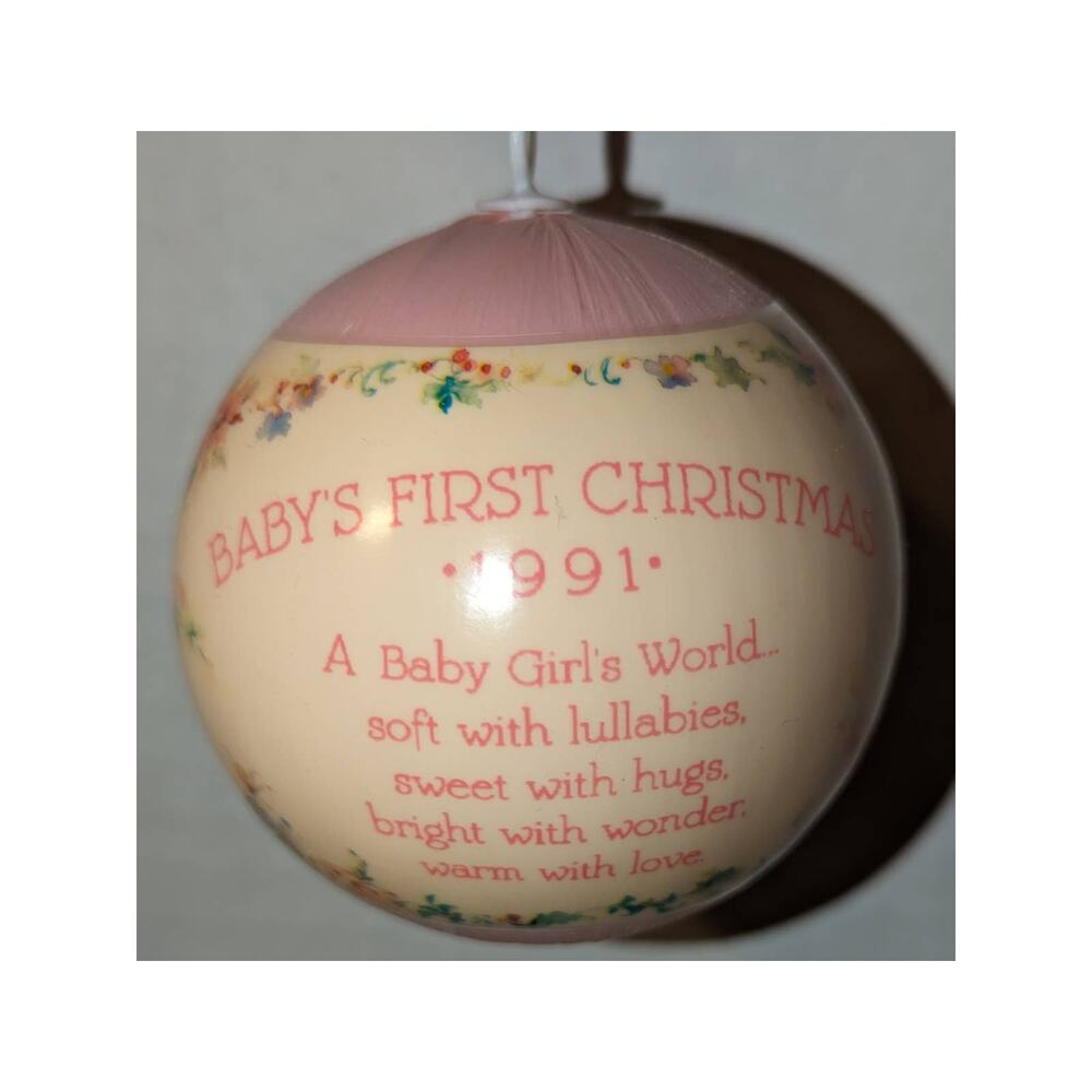 Vintage 1991 Baby's First Christmas Hallmark Satin Ball ornament Girl Box Rare - Picture 3 of 13